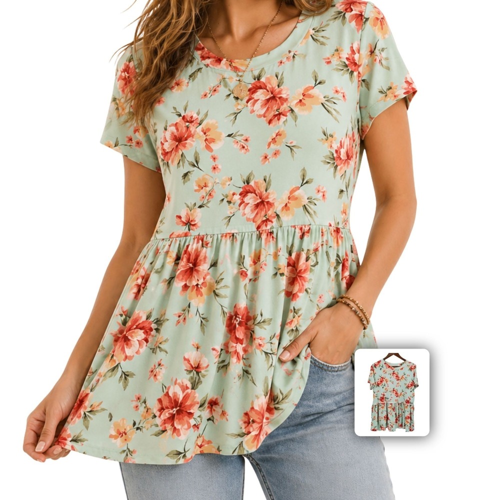 Perfect Peach Floral Peplum‎ Tunic Top Stretch Knit Flowy Boho Everyday XL